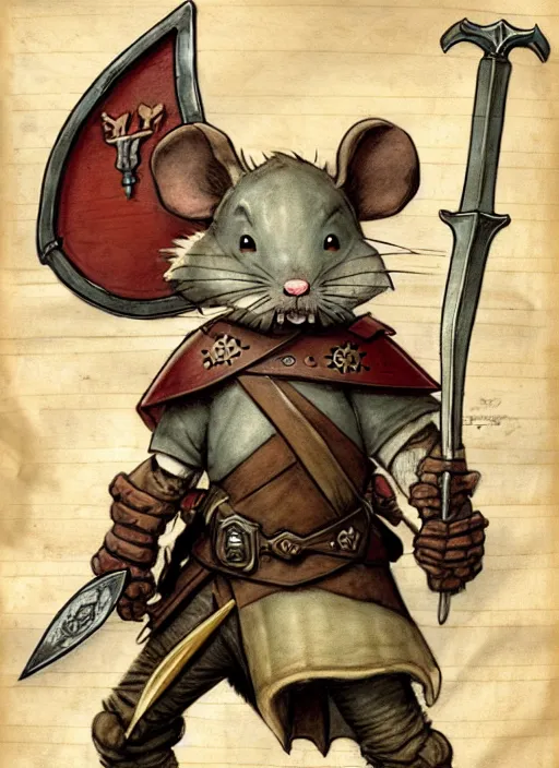 Image similar to a heroic mouse knight with sword and shield on a parchment background, redwall, greg rutowski and jean baptiste monge, detailed, epic fantasy concept art