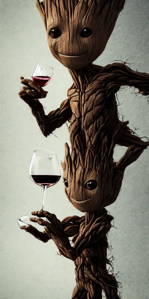 Prompt: realistic groot as a gentleman wearing tuxedo drinking wine, digital art, trending on artstation, behance, octane, intricate, ornate, photorealistic, hyper realism, high detail, movie shot, studio lighting, 8 k, vivid colors, smooth gradients, cinematic