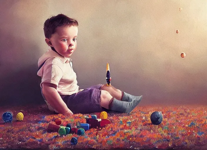 Image similar to toddler elon musk sitting on a shaggy rug playing with his little space rockets, realistic painting, beautiful soft lighting, istvan sandorfi