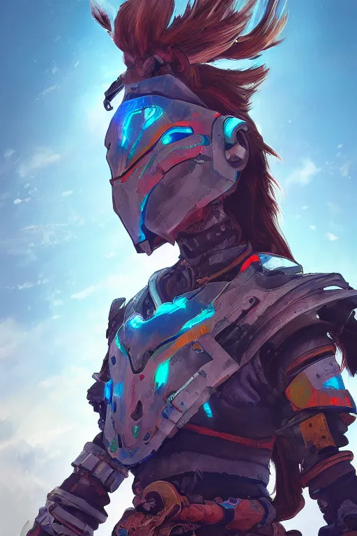 Image similar to combination suit armor aloy horizon forbidden west horizon zero dawn radiating a glowing aura global illumination ray tracing hdr fanart arstation by ian pesty and alena aenami artworks in 4 k tribal robot ninja mask helmet backpack