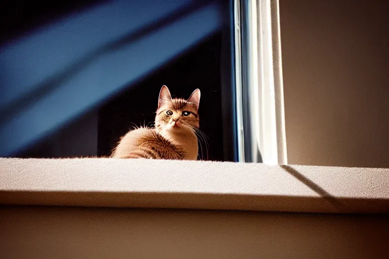 Image similar to vfx film closeup, cat on a window ledge, flat color profile low - key lighting award winning photography arri alexa cinematography, hyper real photorealistic cinematic, atmospheric cool colorgrade