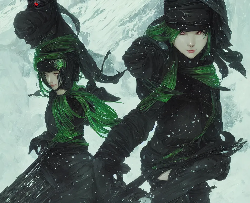 Prompt: portrait ninja gaiden girl, black plus little green ninja wardrobe, at storm snowy fuji mountain sunrise, ssci - fi and fantasy, intricate and very very beautiful, detailed, digital painting, artstation, concept art, smooth and sharp focus, illustration, art by tian zi and wlop and alphonse mucha