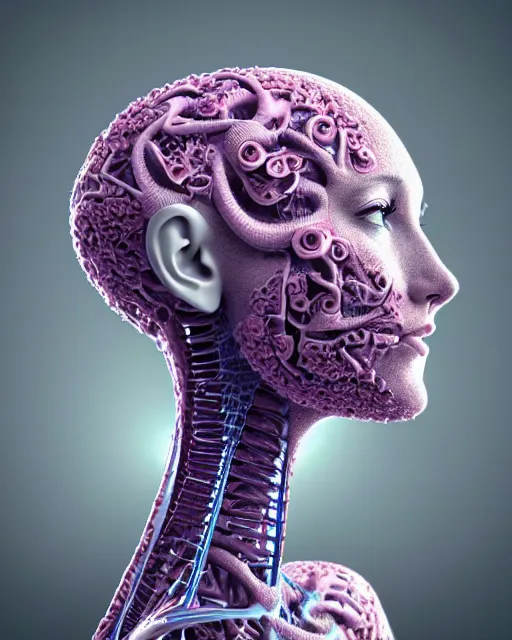 Prompt: 3D render of a beautiful profile face portrait of a young female angelic-extraterrestrial-cyborg face with a very long neck, big clear eyes, thin nose, big lips, hair floating in the wind, 150 mm, flowers, Mandelbrot fractal, anatomical, flesh, facial muscles, veins, arteries, full frame, microscopic, elegant, highly detailed, flesh ornate, elegant, high fashion, rim light, ray trace, octane render in the style of H.R. Giger Realistic, Refined, Digital Art, Pre-Raphaelite, Highly Detailed, Cinematic Lighting, rim light, black and white, photo-realistic Unreal Engine, 8K