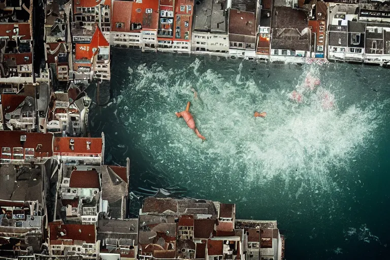 Prompt: overhead shot of a man snorkeling underwater in between submerged amsterdam buildings after the flood, photograph, natural light, sharp, detailed face, magazine, press, photo, Steve McCurry, David Lazar, Canon, Nikon, focus