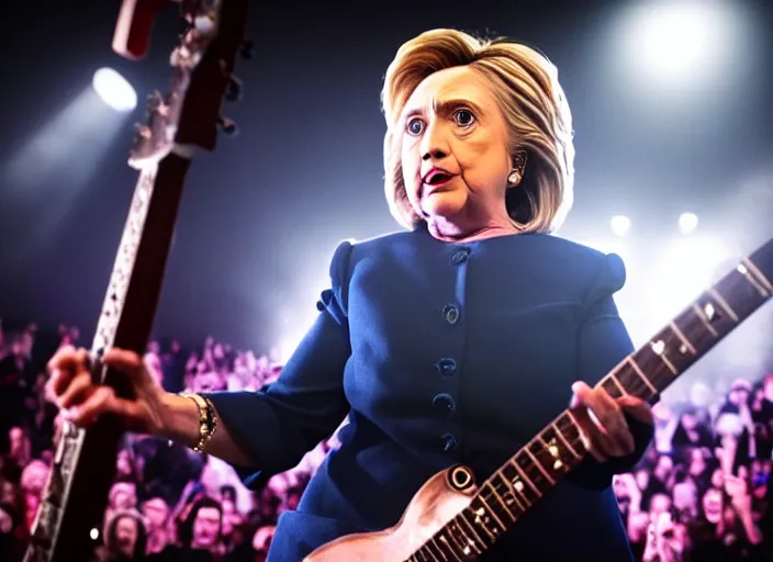 Image similar to publicity photo still of hillary clinton in a death metal band playing live on stage, 8 k, live concert lighting, mid shot