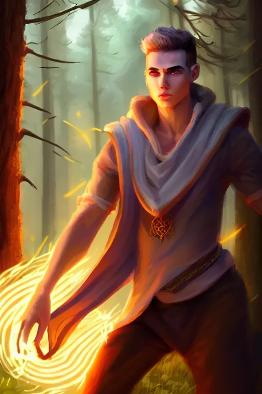 Prompt: a human elemental sorcerer, forest setting, colorful magic, male, white skin, young, sharp focus, concept art, dynamic lighting, unreal engine, by kyle herring