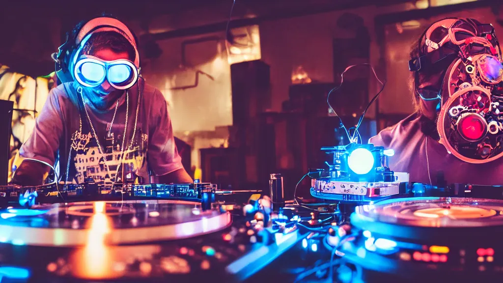 Image similar to a person wearing goggles and visor and headphones using a steampunk record player contraption, wires and tubes, turntablism dj scratching, intricate planetary gears, cinematic, imax, sharp focus, leds, bokeh, iridescent, black light, fog machine, hazy, lasers