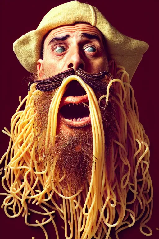 Prompt: extremely detailed portrait of old italian cook, spaghetti mustache, slurping spaghetti, spaghetti in the nostrils, spaghetti hair, spaghetti beard, huge surprised eyes, shocked expression, scarf made from spaghetti, full frame, award winning photo by david lachapelle