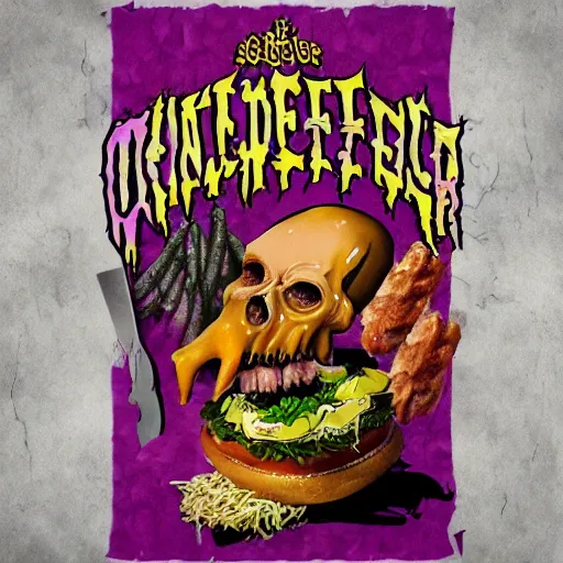 Image similar to grimace reaper, blood and nuggets fast food death metal album cover