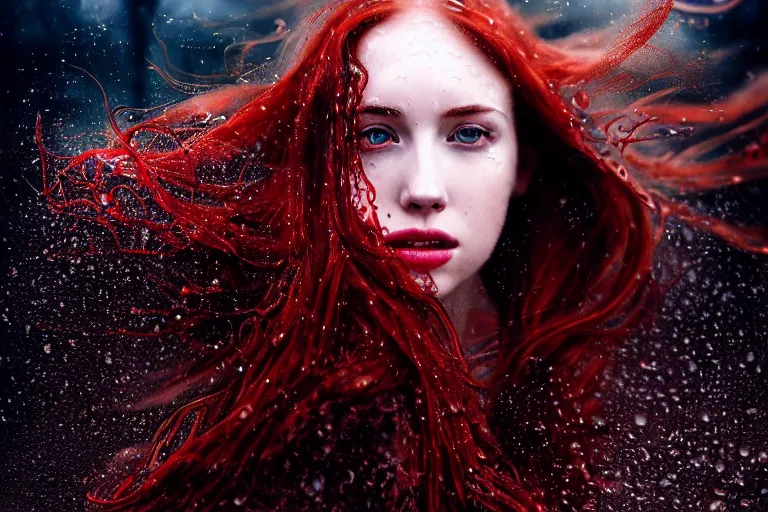 Prompt: highly detailed portrait of a beautiful girl running in rain with wet red hair and pale face, swirling smokey tendrils, bright scattered particles, fantasy, intricate, elegant, dramatic lighting, emotionally evoking symbolic metaphor, highly detailed, lifelike, photorealistic, digital painting, artstation, concept art, smooth, sharp focus, illustration, art by John Collier and Albert Aublet and Krenz Cushart and Artem Demura and Alphonse Mucha