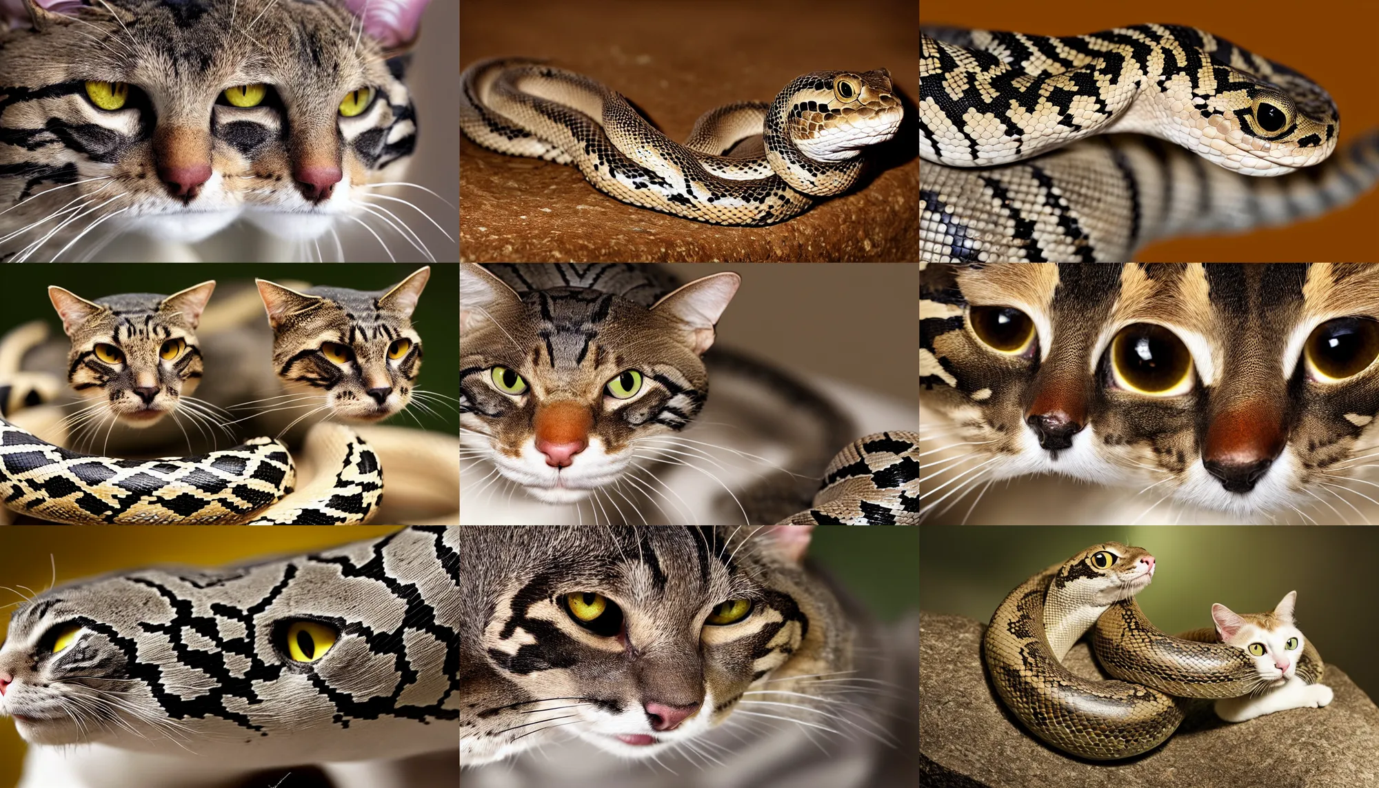 Prompt: a stunning professional photo of a snake with a cat head, ultra detail, hyperrealistic, beautiful, national geographic quality