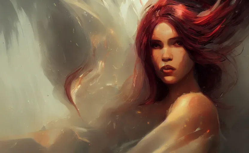 Prompt: a painting of jasmine trending on artstation in the style of greg rutkowski, beautiful, sensual, flower, portrait, adorable, alter, hell, fire hair, fire