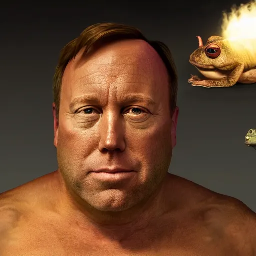 Prompt: hyperrealistic mixed media image of alex jones from info wars as a toad, stunning 3 d render inspired art by istvan sandorfi and greg rutkowski, perfect symmetry, realistic, highly detailed attributes and atmosphere, dim volumetric cinematic lighting, 8 k octane extremely hyper - detailed render, post - processing, masterpiece,