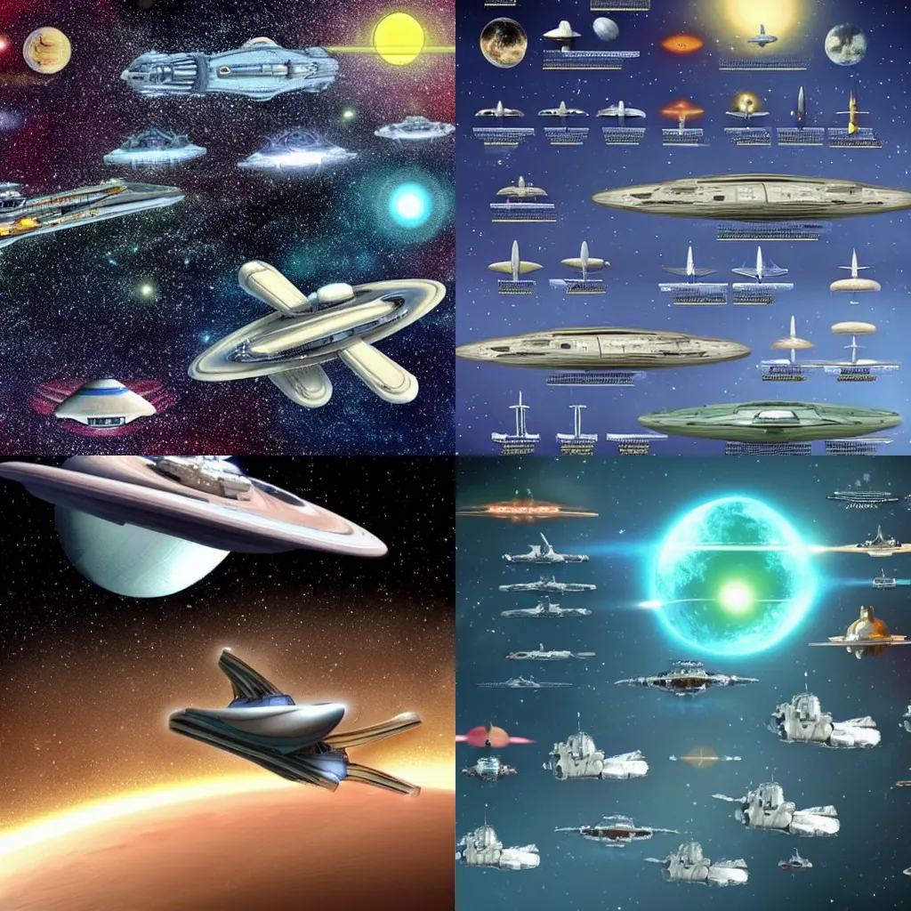 Prompt: A fleet of starships. science fiction. distant future. stars. planet. variety of types of starships.