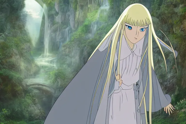 Image similar to tonemapped galadriel by hayao miyazaki, highly detailed,