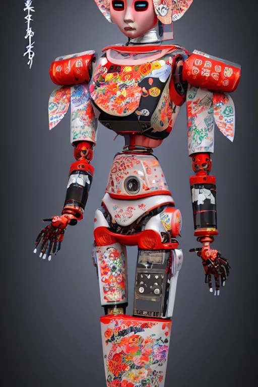 Image similar to full body portrait of a japanese robot geisha with kanji tattoos and decals wearing a digital pixelated kimono, intricate design, photorealistic, octane render, raytraced, ultra fine detailed, character design, trending on artstation