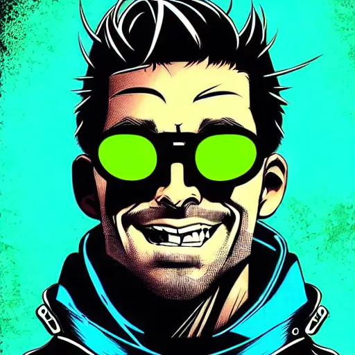 Prompt: character portrait design guy denning, tim doyle green mercenary grungy hooded sunglasses handsome smiling figure heroic!! nunchucks!! outline sharp edges. elegant, neon colors, dynamic angle, intricate highly detailed complexity, epic composition, symmetry, cinematic lighting masterpiece