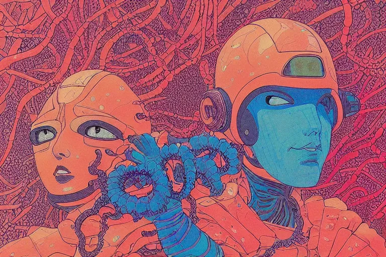 Image similar to risograph grainy drawing vintage sci - fi, satoshi kon color palette, gigantic gundam full - body covered in iridescent dead coral reef 1 9 6 0, kodak, with lot tentacles, natural colors, codex seraphinianus painting by moebius and satoshi kon and dirk dzimirsky close - up portrait