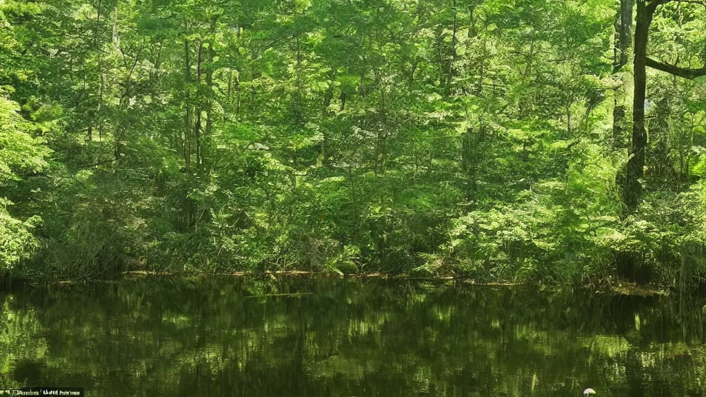 Prompt: a secluded pond there should be an ethereal, otherworldly atmosphere this is a sacred place that has not yet been tainted by the touch of man the dense canopy of the forest opens up a little above the pond and soft sunlight beams down,