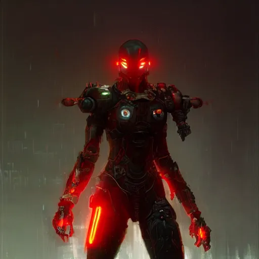 Image similar to cyborg warrior, red eyes, intricate, detailed, volumetric lighting, scenery, digital painting, highly detailed, artstation, sharp focus, illustration, concept art, ruan jia, greg rutkowski