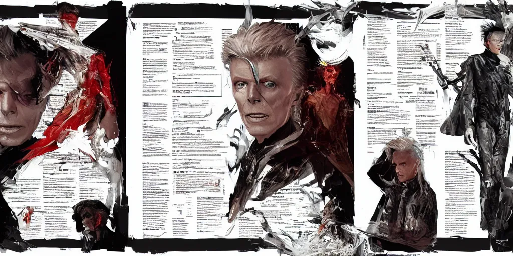 Image similar to david bowie as lazarus, character sheet, concept design, contrast, kim jung gi, greg rutkowski, zabrocki, karlkka, jayison devadas, trending on artstation, 8 k, ultra wide angle, pincushion lens effect