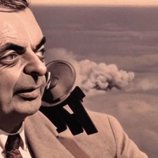 Image similar to Mr Bean watching the atomic bomb explode in the distance