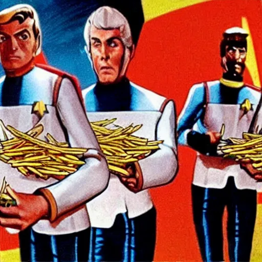 Image similar to French Fries as Star Trek Characters fighting Star fleet officers in the mess, still from star trek,