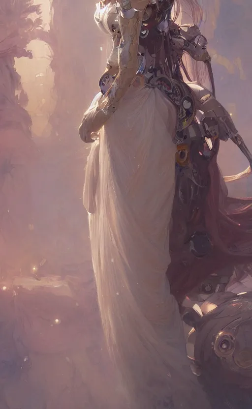 Image similar to a beautiful painting of a crowned robotic cyberpunk princess in a flowing gown, intricate, elegant, highly detailed, digital painting, artstation, concept art, by krenz cushart and artem demura and william adolph bouguereau and alphonse mucha