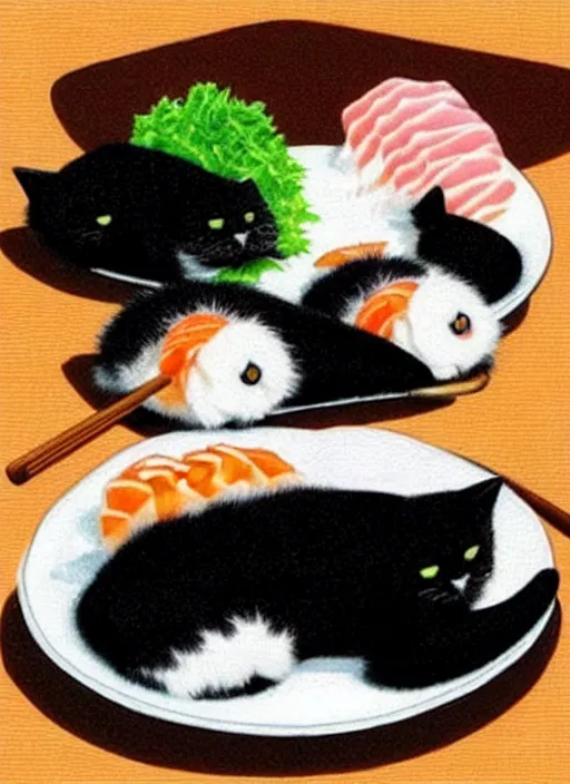 Image similar to clear photorealistic picture of adorable cats made out of sushi