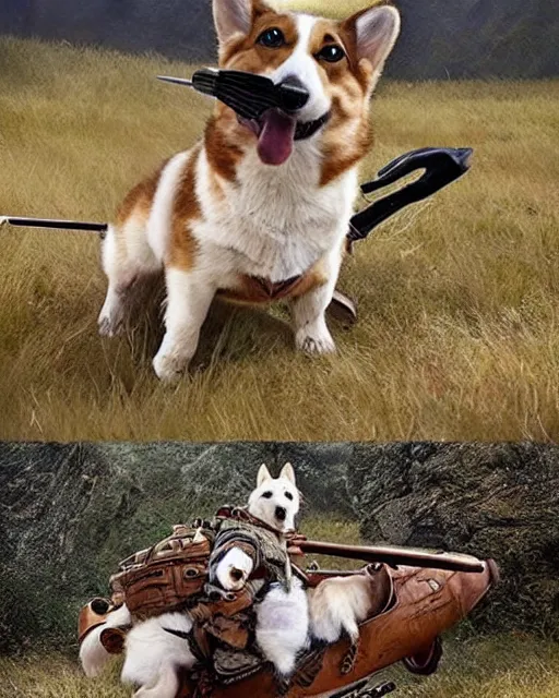 Image similar to photos of warriors riding happy looking corgi dogs into battle, photorealistic, cinematic, in the style of peter jackson