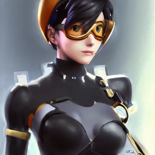 Image similar to a highly detailed beautiful portrait of tracer from overwatch as 2 b nier automata wearing a skintight suit!!, concept art, detailed, detailed face, by gregory manchess, james gurney, james jean, trending on artstation, artstationhq, artstationhd