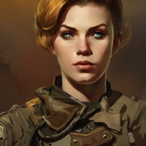 Image similar to Alexandra Jordan as a soldier character in Fallout 4, gorgeous, beautiful, intricate, highly detailed, digital painting, artstation, oppressive lighting, concept art, sharp focus, illustration, art by greg rutkowski and alphonse mucha