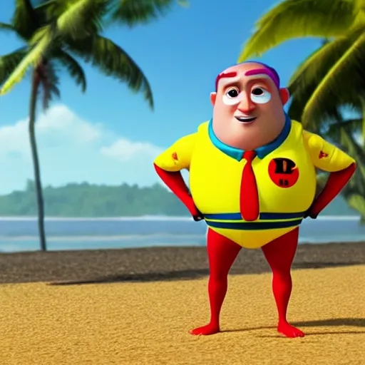 Prompt: a hazmat character, on the beach, sunny day, pixar render