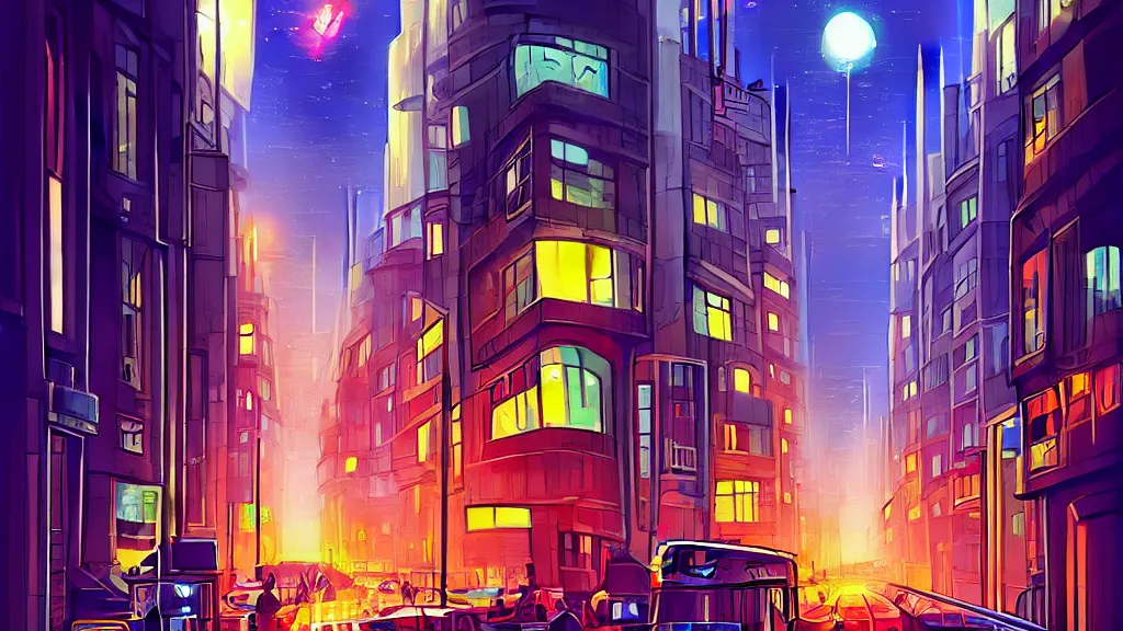 Image similar to street view of futuristic london city at night by cyril rolando and naomi okubo and dan mumford and zaha hadid. advertisements. elegant lamps. double decker bus.