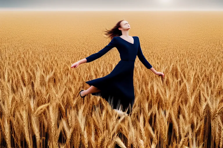 Image similar to photograph of a fashion model flying over a wheat field. photography by julia hetta, cinematic, elegant, real dlsr photography, sharp focus, 4 k, ultra hd, sense of awe