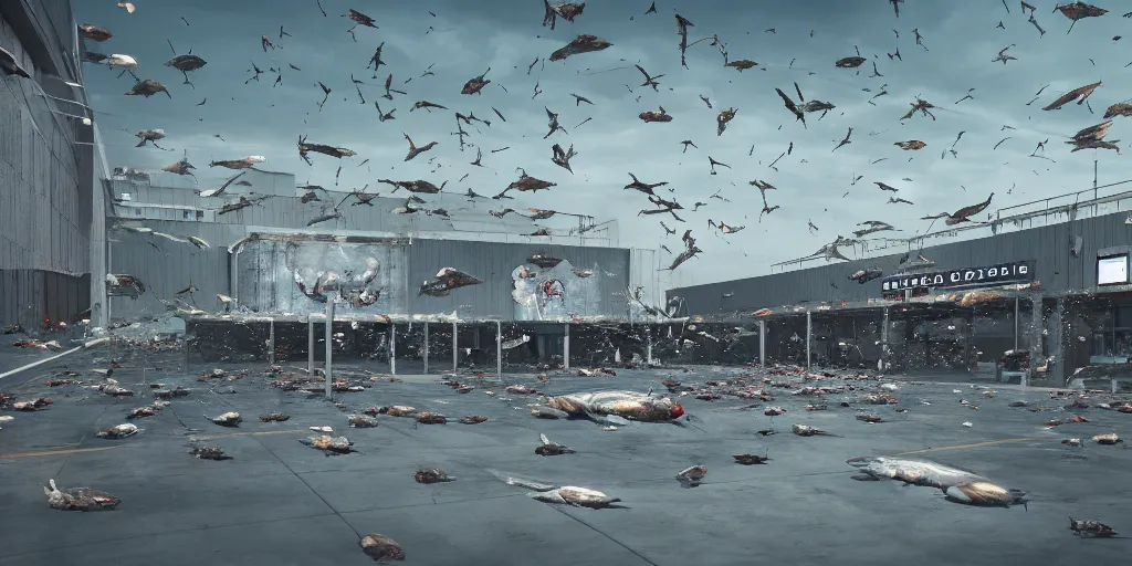 Prompt: realistic cinematic views of a Orwellian Costco with dead fish falling from the sky, hyper detailed, terror glows, hyper realistic, digital painting, 8k, 35mm film grain, octane render