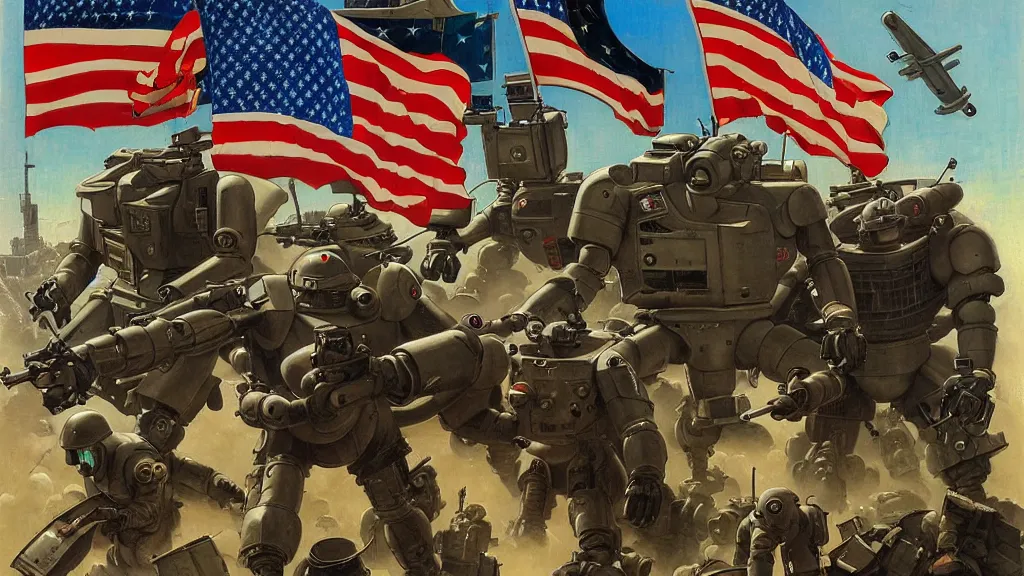 Image similar to America and Japan fight WWII with mechs, in the style of Norman Rockwell, sci-fi illustrations, highly detailed, award-winning, patriotic, american, dark, gritty, oil painting