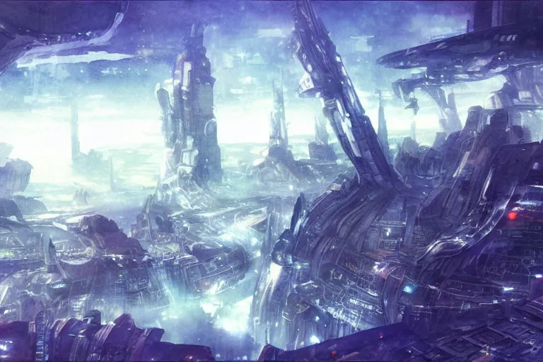 Image similar to a vast planetary sci-fi city by Yoshitaka Amano, watercolor illustration, artstation, dramatic scenery, masterpiece, aesthetic