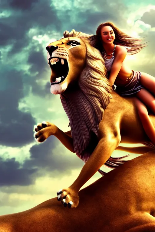 Prompt: girl riding on a lion, extremely detailed, high quality, 4 k, cinematic, dramatic lightning, photo realistic, beautiful face, highly detailed face