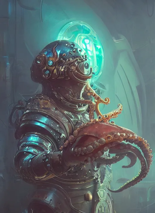 Image similar to An octopus wearing medieval knights armor, cyberpunk, neon, intricate, elegant, digital painting, concept art, smooth, sharp focus, illustration, by Ruan Jia and Mandy Jurgens and Artgerm and William-Adolphe Bouguerea