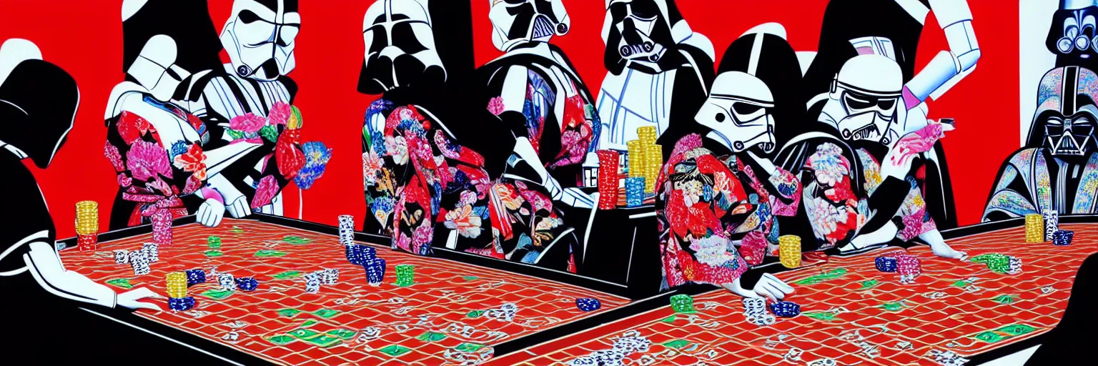 Image similar to hyperrealism composition of the detailed woman in a japanese kimono sitting at an extremely detailed poker table with darth vader and stormtrooper, fireworks on the background, pop - art style, jacky tsai style, andy warhol style, acrylic on canvas