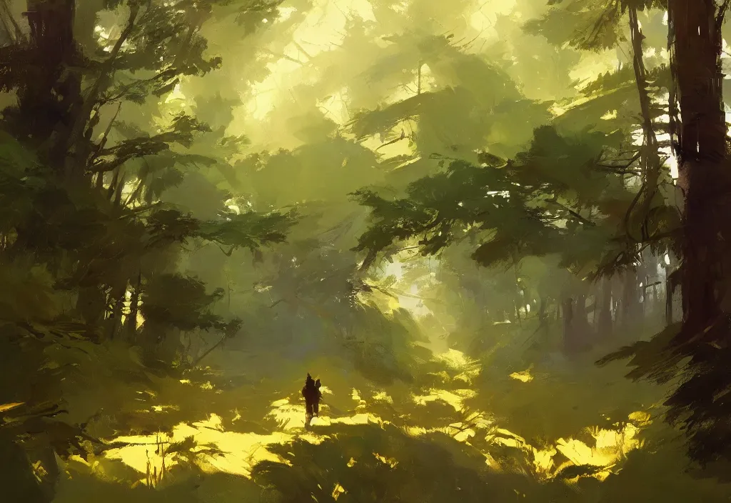 Prompt: greg manchess painting of a forest landscape, painting, trending on artstation, by ismail inceoglu and craig mullins