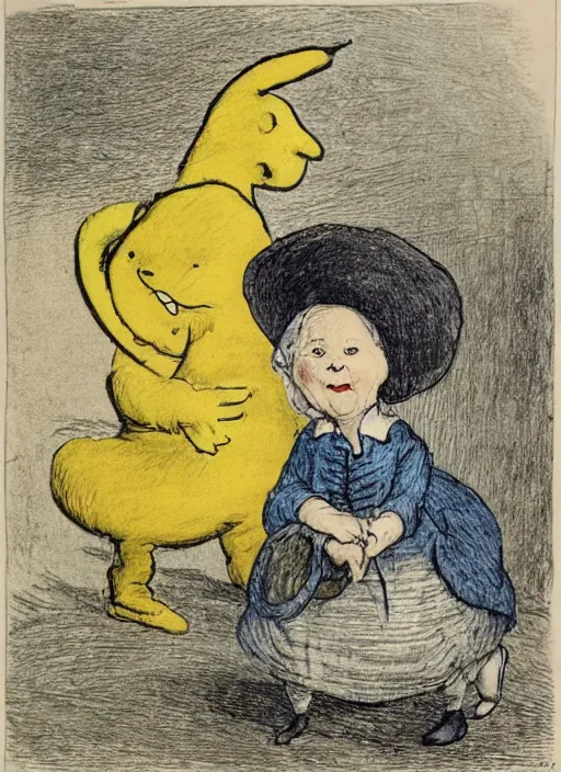 Prompt: candid portrait of a yellow caricature of a moon smiling, illustrated by peggy fortnum and beatrix potter and sir john tenniel