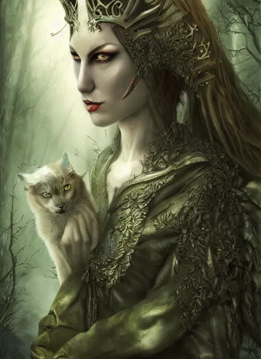 Image similar to medieval female warrior, green eyes, dark forbidden forest, wolves, white cat, by Lecouffe-Deharme, by Natalie Shau