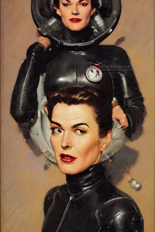 Image similar to 5 0 s pulp scifi fantasy head and shoulders portrait striking elegant mature woman in leather spacesuit by norman rockwell, roberto ferri, daniel gerhartz, edd cartier, jack kirby, howard v brown, ruan jia, tom lovell, frank r paul, jacob collins, dean cornwell, astounding stories, amazing, fantasy, other worlds