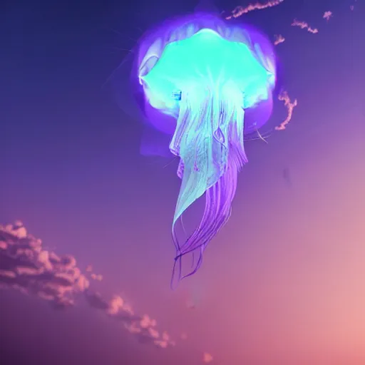 Prompt: A purple jellyfish is flying through an amazing sky, coloful art, 4K resolution, by Artgem and Beeple