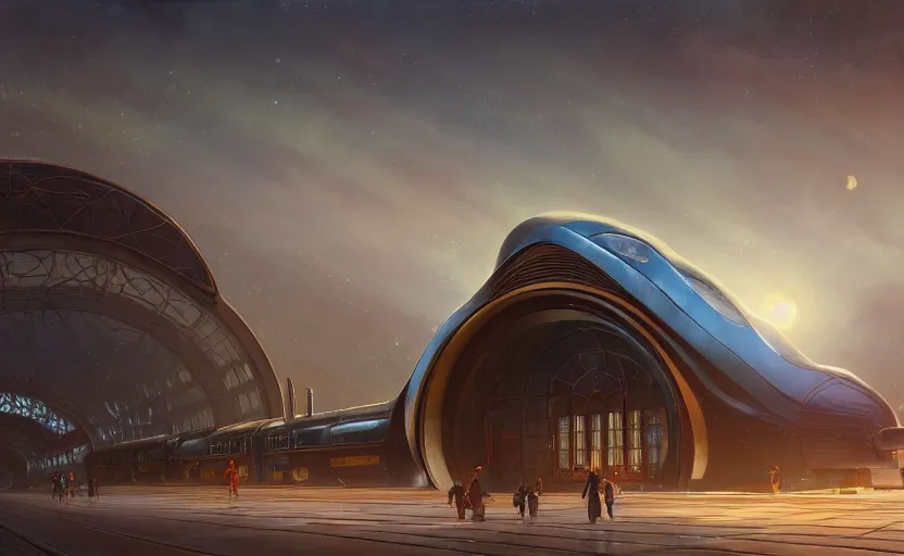 Prompt: exterior shot of utopian train station on the edge of the space with cinematic lighting by zaha hadid and renzo piano, darek zabrocki and greg ruthkowski, alphonse mucha, simon stalenhag, cinematic, holy place, paradise, scifi, futurism, atmospheric, dusk, concept art, artstation, trending on artstation