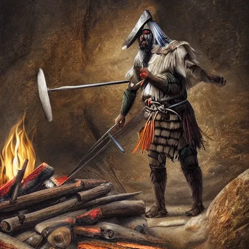 Image similar to tchno - neolithic warrior warlord preaching around the fire to a crowd, cave background, photorealistic hd,