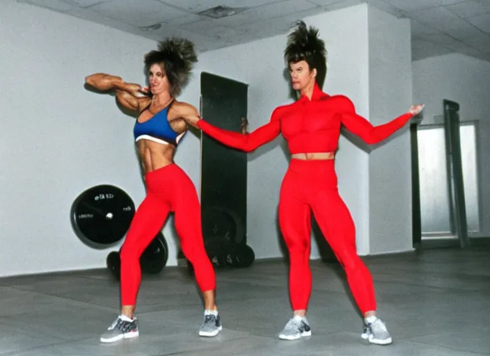 Prompt: Photos from the 80's. A muscular woman in red athletic wear is working out in the gym.