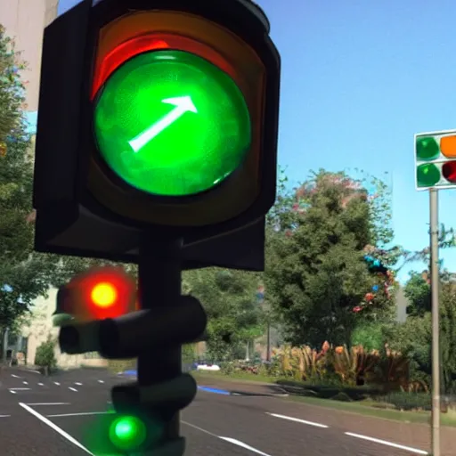 Image similar to a realistic photo of traffic light that uses portals from the video game portal 2 to control traffic at an intersection